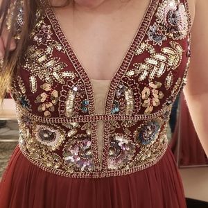 Sherri Hill Burgandy Beaded Bodice Chiffon Gown